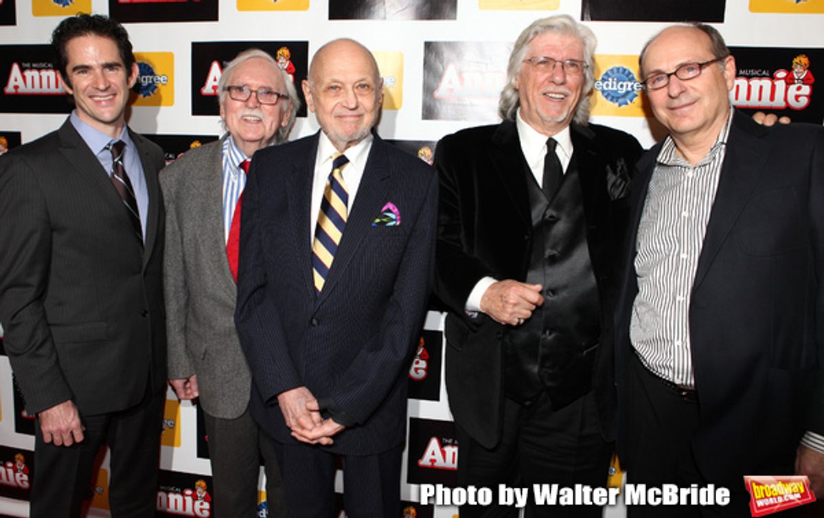 Andy Blankenbuehler, Thomas Meehan, Charles Strouse, Martin Charnin & James Lapine attending the Broadway Opening Night Performance After Party for 'Annie' at the Hard Rock Cafe in New York City on 11/08/2012 at 