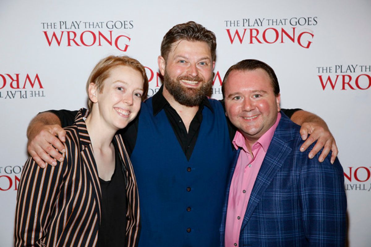 From left, company member Blair Baker and cast members Brandon J. Ellis and Scott Cote at the party for the opening night performance of â€"The Play That Goes Wrongâ€ at Center Theatre Group/Ahmanson Theatre on July 10, 2019, in Los Angeles, California. (Photo by Ryan Miller/Capture Imaging) at 