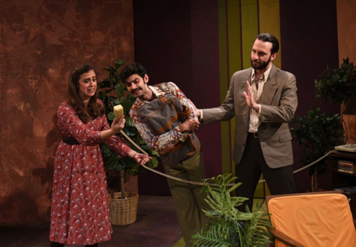 Prudence (Devi Reisenfeld), Bob (Siddhartha Rajan) and Bruce (Nick Freed) deal with Bob?s singing Mother on the phone in Eclipse Theatre''s production of ?Beyond Therapy? by Christopher Durang, directe at 