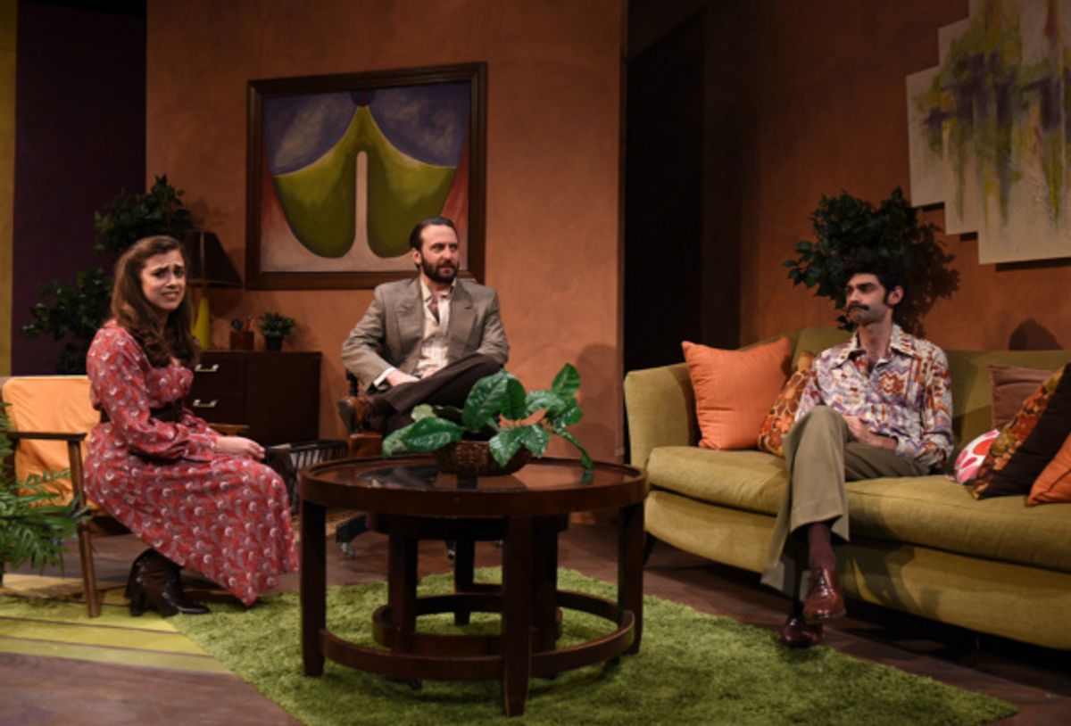 Prudence (Devi Reisenfeld), Bruce (Nick Freed) and Bob (Siddhartha Rajan) share an uncomfortable moment together in Eclipse Theatre''s production of ?Beyond Therapy? by Christopher Durang, directed by  at 