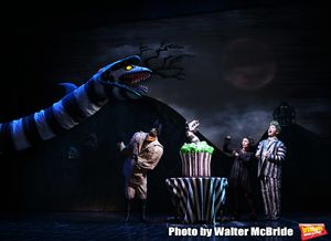 Sophia Anne Caruso and Alex Brightman during the "Beetlejuice" Celebrates 100th Performance on Broadway with Big Sandy the Sandworm, Shrunken Head Guy and a cake designed by Carlo’s Bakery at the Winter Garden Theatre on July 23, 2019 in New York City. @ BroadwayWorld Sophia Anne Caruso and Alex Brightman during the "Beetlejuice" Celebrates 100th Perfo Photo