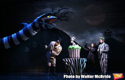 Sophia Anne Caruso and Alex Brightman during the "Beetlejuice" Celebrates 100th Perfo Photo