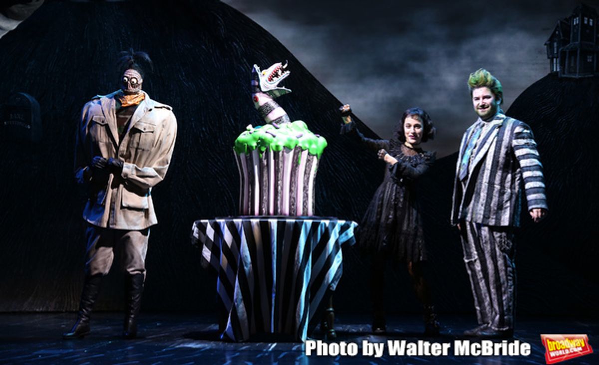 Sophia Anne Caruso and Alex Brightman during the 'Beetlejuice' Celebrates 100th Performance on Broadway with Big Sandy the Sandworm, Shrunken Head Guy and a cake designed by Carloâ€™s Bakery at the Winter Garden Theatre on July 23, 2019 in New York City.


 at 