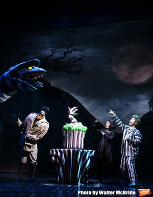 Sophia Anne Caruso and Alex Brightman during the "Beetlejuice" Celebrates 100th Performance on Broadway with Big Sandy the Sandworm, Shrunken Head Guy and a cake designed by Carlo’s Bakery at the Winter Garden Theatre on July 23, 2019 in New York City. @ BroadwayWorld Sophia Anne Caruso and Alex Brightman during the "Beetlejuice" Celebrates 100th Perfo Photo