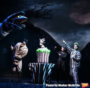 Sophia Anne Caruso and Alex Brightman during the "Beetlejuice" Celebrates 100th Performance on Broadway with Big Sandy the Sandworm, Shrunken Head Guy and a cake designed by Carlo’s Bakery at the Winter Garden Theatre on July 23, 2019 in New York City.
@ BroadwayWorld Sophia Anne Caruso and Alex Brightman during the "Beetlejuice" Celebrates 100th Perfo Photo