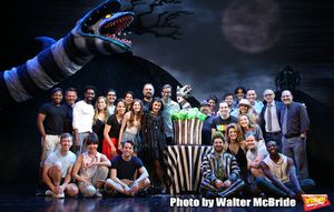 Sophia Anne Caruso and Alex Brightman with cast during the "Beetlejuice" Celebrates 100th Performance on Broadway with Big Sandy the Sandworm, Shrunken Head Guy and a cake designed by Carlo’s Bakery at the Winter Garden Theatre on July 23, 2019 in New York City.
@ BroadwayWorld Sophia Anne Caruso and Alex Brightman with cast during the "Beetlejuice" Celebrates 1 Photo