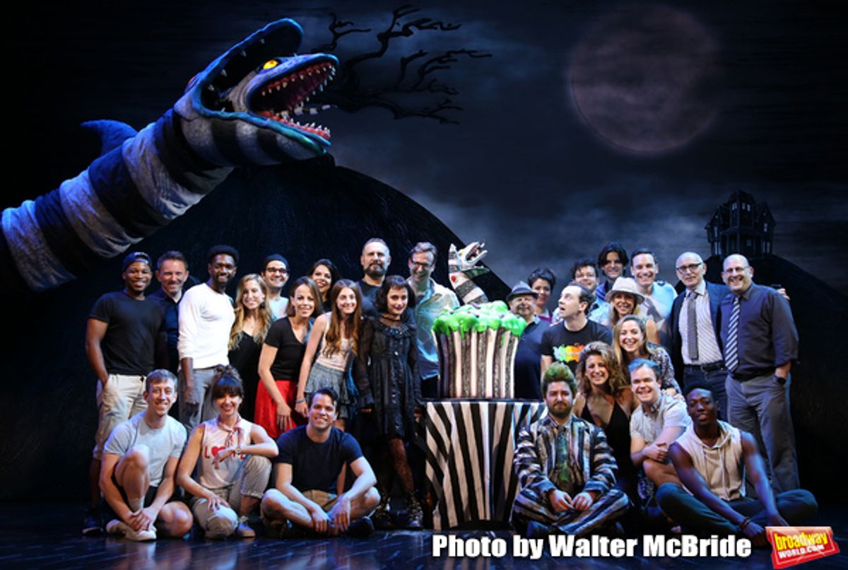 Sophia Anne Caruso and Alex Brightman with cast during the 'Beetlejuice' Celebrates 100th Performance on Broadway with Big Sandy the Sandworm, Shrunken Head Guy and a cake designed by Carloâ€™s Bakery at the Winter Garden Theatre on July 23, 2019 in New York City.


 at 