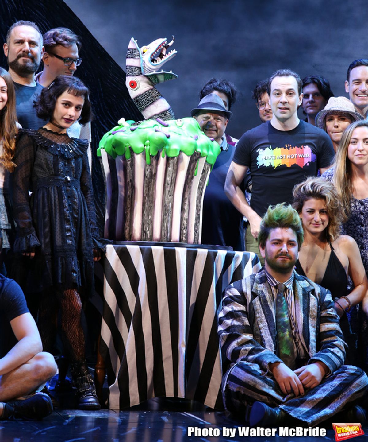 Sophia Anne Caruso and Alex Brightman with cast  during the 'Beetlejuice' Celebrates 100th Performance on Broadway and a cake designed by Carloâ€™s Bakery at the Winter Garden Theatre on July 23, 2019 in New York City.


 at 