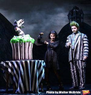 Sophia Anne Caruso and Alex Brightman during the "Beetlejuice" Celebrates 100th Performance on Broadway with Big Sandy the Sandworm, Shrunken Head Guy and a cake designed by Carlo’s Bakery at the Winter Garden Theatre on July 23, 2019 in New York City.
@ BroadwayWorld Sophia Anne Caruso and Alex Brightman during the "Beetlejuice" Celebrates 100th Perfo Photo