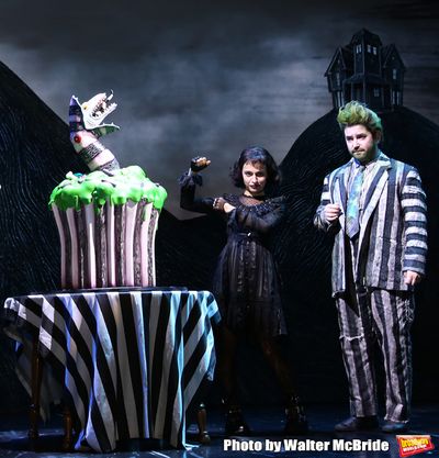 Sophia Anne Caruso and Alex Brightman during the "Beetlejuice" Celebrates 100th Perfo Photo