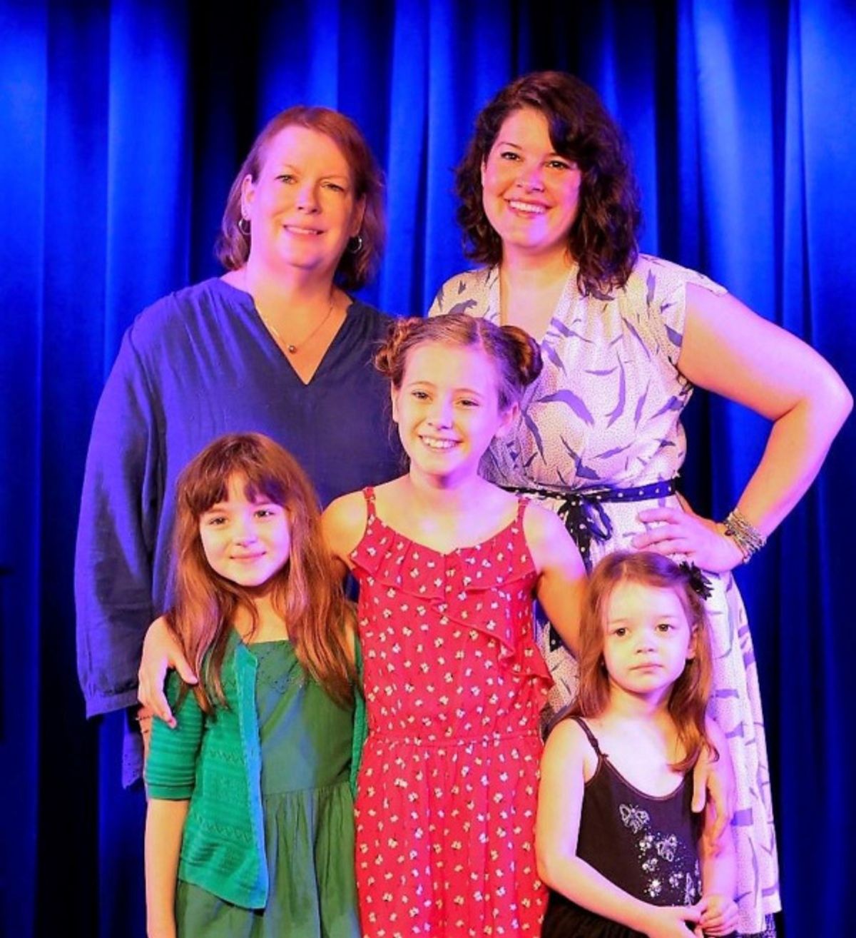 Front: Fiona Quinn, Audrey Bennett and Delaney Quinn  Back:  Spotlight Kidz director Sandy Kost-Sterner and Lauren Elder at 