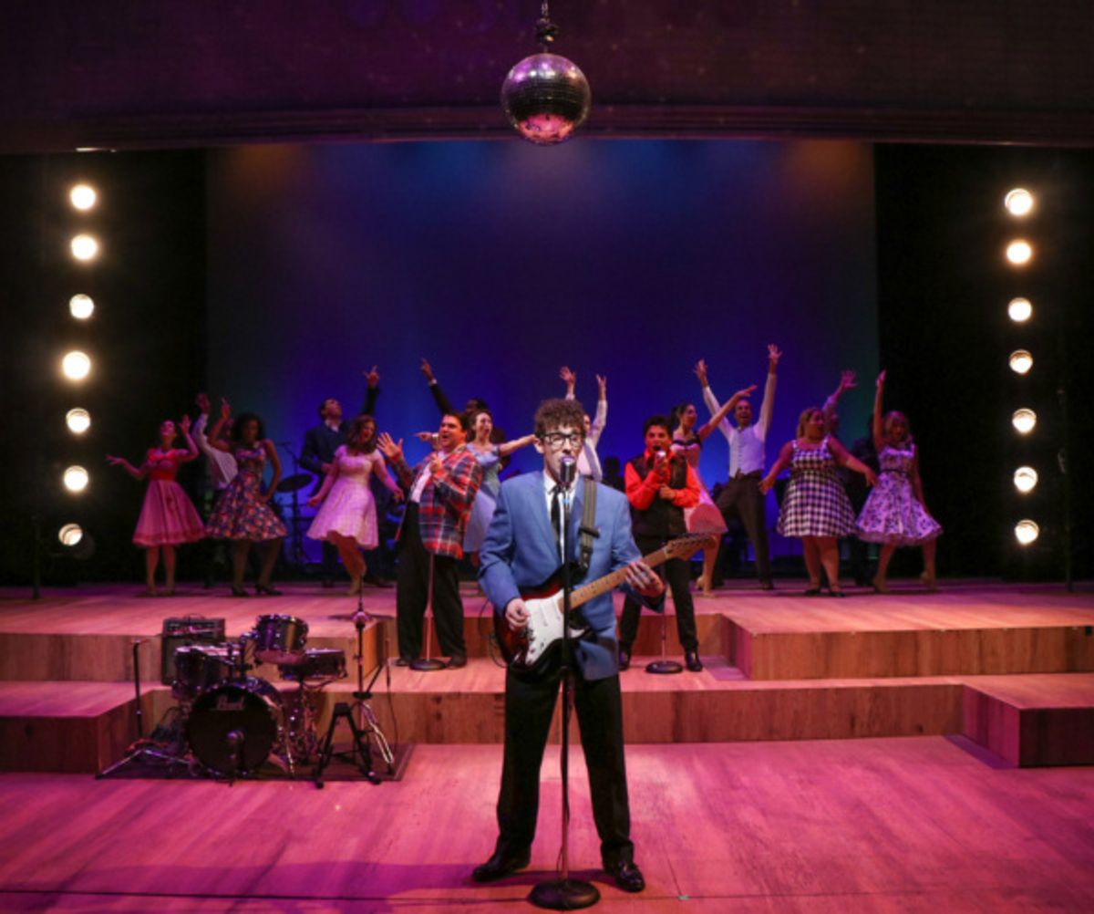 Buddy: The Buddy Holly Story at Metropolis Performing Arts Centre: Ross Creighton Childs (The Big Bopper), Travis Shanahan (Buddy Holly), Luis David Cortes (Ritchie Valens) and cast at 