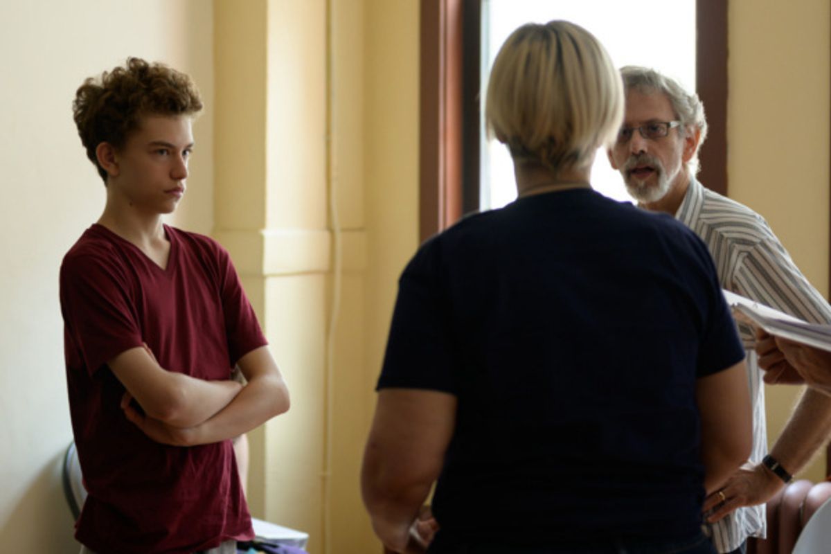 Coltrane Gilman (Boy) and Michael Gnat* (Anton) working with Janet Bentley (Director) on a scene from ROUND WENT THE WHEEL. Photo: Joshua Towvim.  (*Actor is appearing courtesy of Actors'' Equity Assoc at 