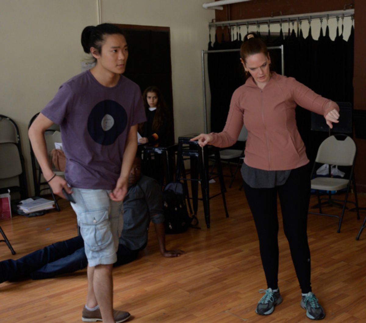 Victor Chen (Dake), Oriah Elgrabli (Girl), and Marie Elena O''Brien* (Marta) choreographing a pivotal scene. Photo: Joshua Towvim.  (*Actor is appearing courtesy of Actors'' Equity Association.)  at 