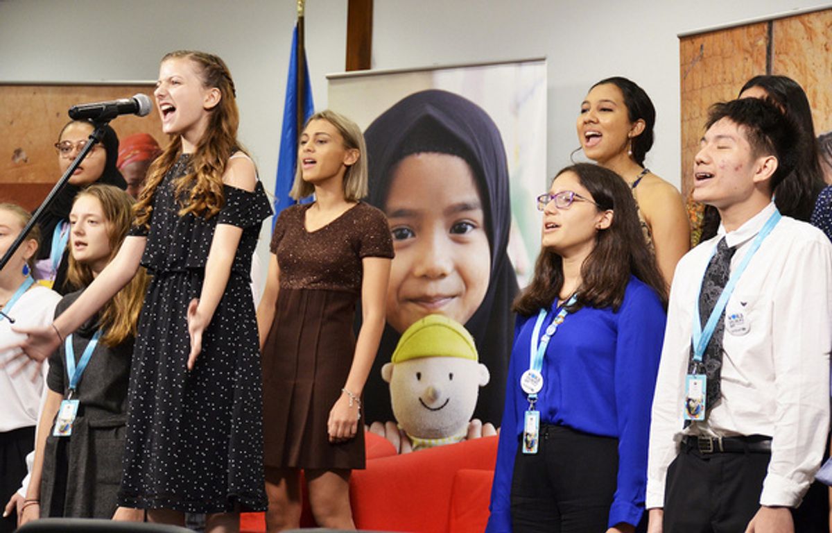 Sing for Hope Youth Artist Kaylin Hedges (credits include ?Annie? at the Hollywood Bowl) sings ?Dream Big, Speak Loud? with student choristers from Nord Anglia schools at 