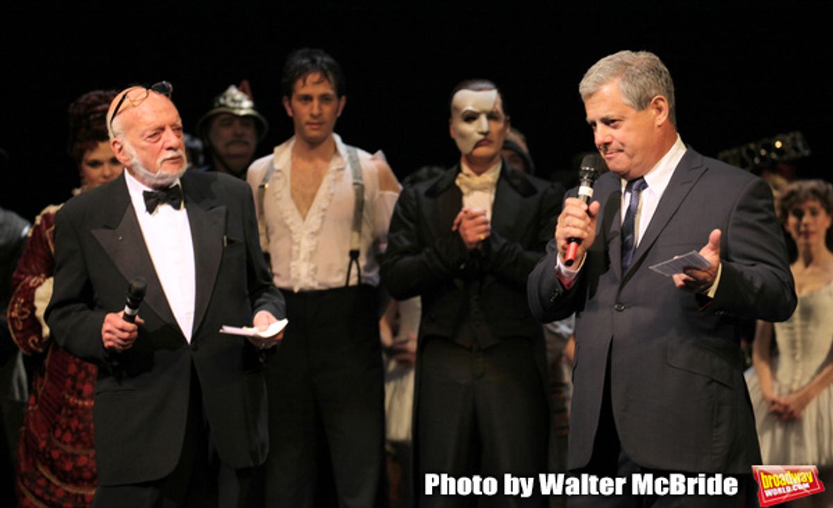 Hal Prince & Cameron Mackintosh with ensemble cast during the 'Phantom of the Opera' - 25 Years on Broadway Gala Performance Curtain Call Celebration at the Majestic Theatre in New York City on 1/26/2013 at 