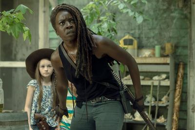 Cailey Fleming as Judith Grimes, Danai Gurira as Michonne, Antony Azor as RJ Grimes  Photo
