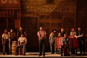 Justin Hopkins as Joe with members of the ensemble in The Glimmerglass Festival's 2019 production of "Show Boat." Photo: Karli Cadel/The Glimmerglass Festival @ BroadwayWorld Justin Hopkins as Joe with members of the ensemble in The Glimmerglass Festival's 201 Photo