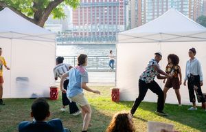 From left: Benvolio (Laura Piccoli), Tibalt (Casterline Villar), Gregory (Carroll Herring), Abraham (Daniel Kemper), Balthazar (Milagros Bobier), and Montague (Elisabeth Ahrens). photo by Jessica L @ BroadwayWorld From left: Benvolio (Laura Piccoli), Tibalt (Casterline Villar), Gregory (Carroll Her Photo