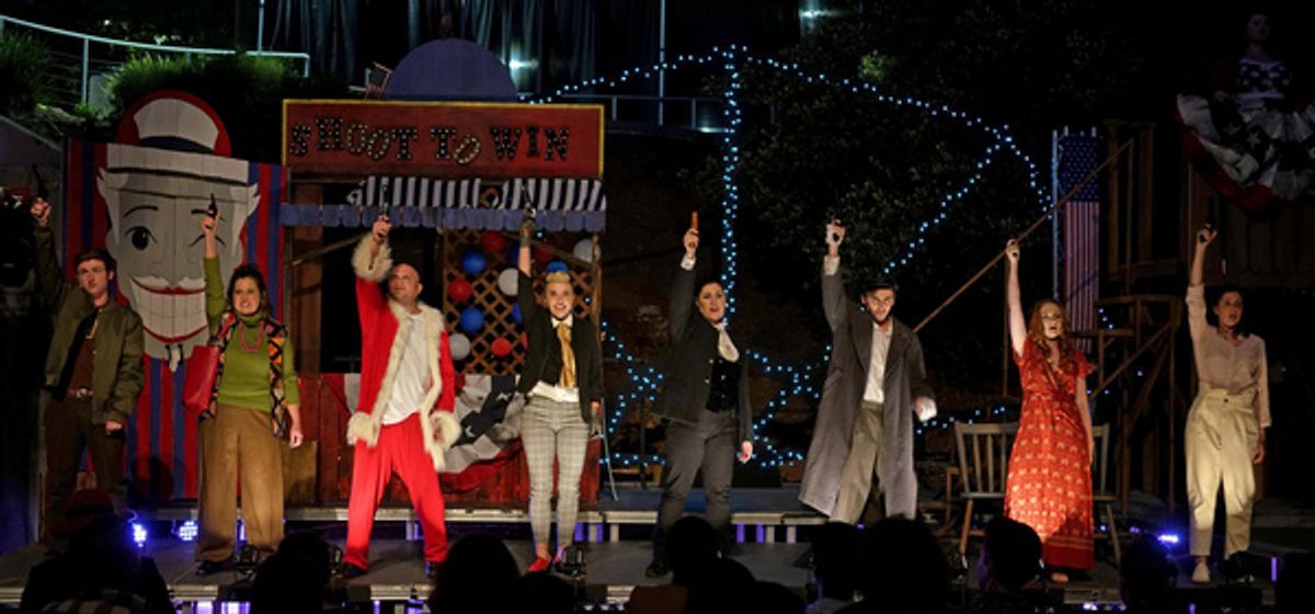 L to R: Frankie Zabilka (Hinckley), Courtney Reed (Moore), Josh Hillinger (Byck), Renee Cohen (Charles Guiteau), Sarah Kline (Booth), Parker Apple (Czolgosz), Tamara Burgess (Fromme) and Hallie Mayer  at 