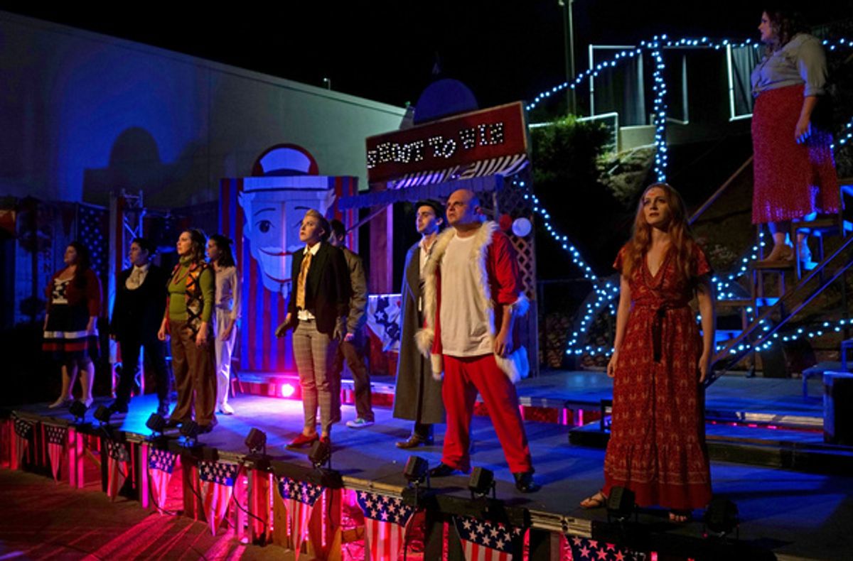 Cast of Assassins. L to R: Francesca Barletta (Proprietor), Sarah Kline (Booth), Hallie Mayer (Zangara), Courtney Reed (Moore), Frankie Zabilka (Hinckley), Renee Cohen (Charles Guiteau), Parker Apple  at 