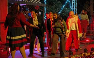 L to R: Francesca Barletta (Proprietor), Sarah Kline (Booth), Parker Apple (Czolgosz), Renee Cohen (Charles Guiteau), Courtney Reed (Moore), Josh Hillinger (Byck), and Jade Taylor (Balladeer) @ BroadwayWorld L to R: Francesca Barletta (Proprietor), Sarah Kline (Booth), Parker Apple (Czolgosz) Photo