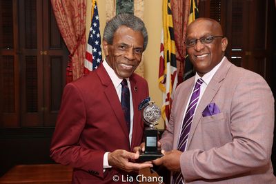Andre De Shields shares his Tony Award with Mayor Jack Young in the Ceremonial Room Photo