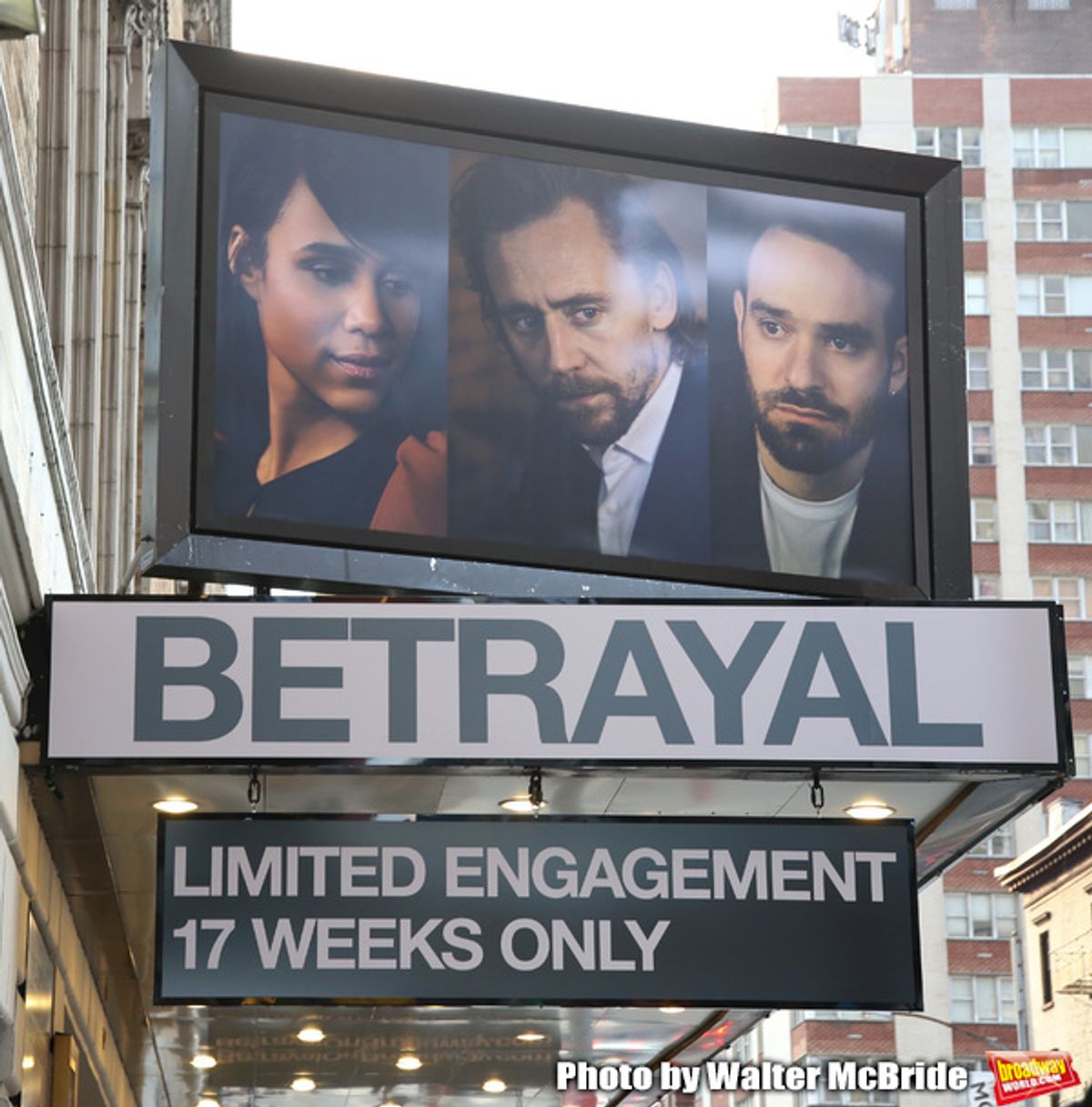 Theatre Marquee for Harold Pinter's 'Betrayal' starring Tom Hiddleston, Zawe Ashto and Charlie Cox under the direction of Jamie Lloyd at the Jacobs Theatre on August 22, 2019 in New York City.

 at 