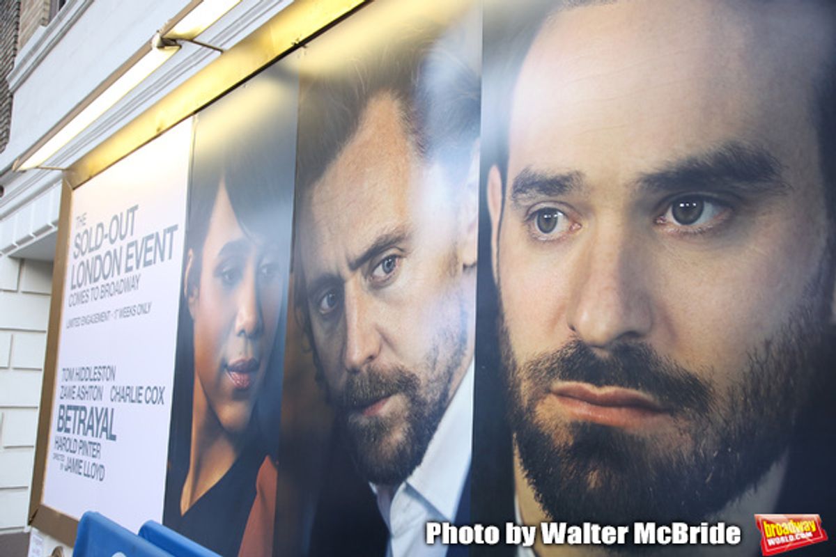 Theatre Marquee for Harold Pinter's 'Betrayal' starring Tom Hiddleston, Zawe Ashto and Charlie Cox under the direction of Jamie Lloyd at the Jacobs Theatre on August 22, 2019 in New York City.

 at 