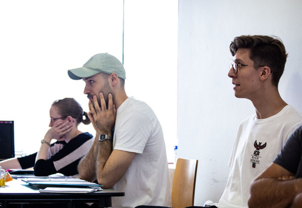 Writer JAMES CORLEY in the rehearsal room with director HARRY MACKRILL at 