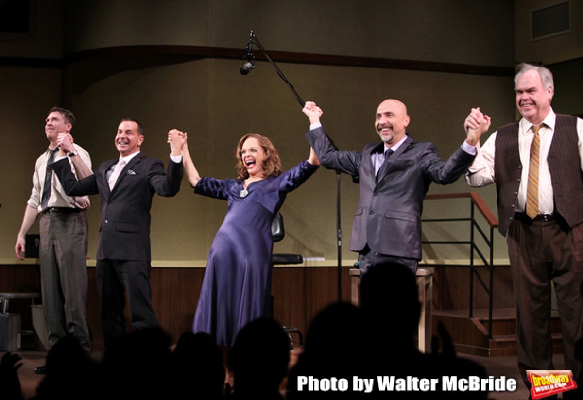 Brian Hutchison, Matthew Lombardo, Valerie Harper, Rob Ruggiero, Michael Mulheren
taking a bow at the Broadway Opening Night Curtain Call for 'Looped' at the Lyceum Theatre in New York City.
March 14, 2010 at 