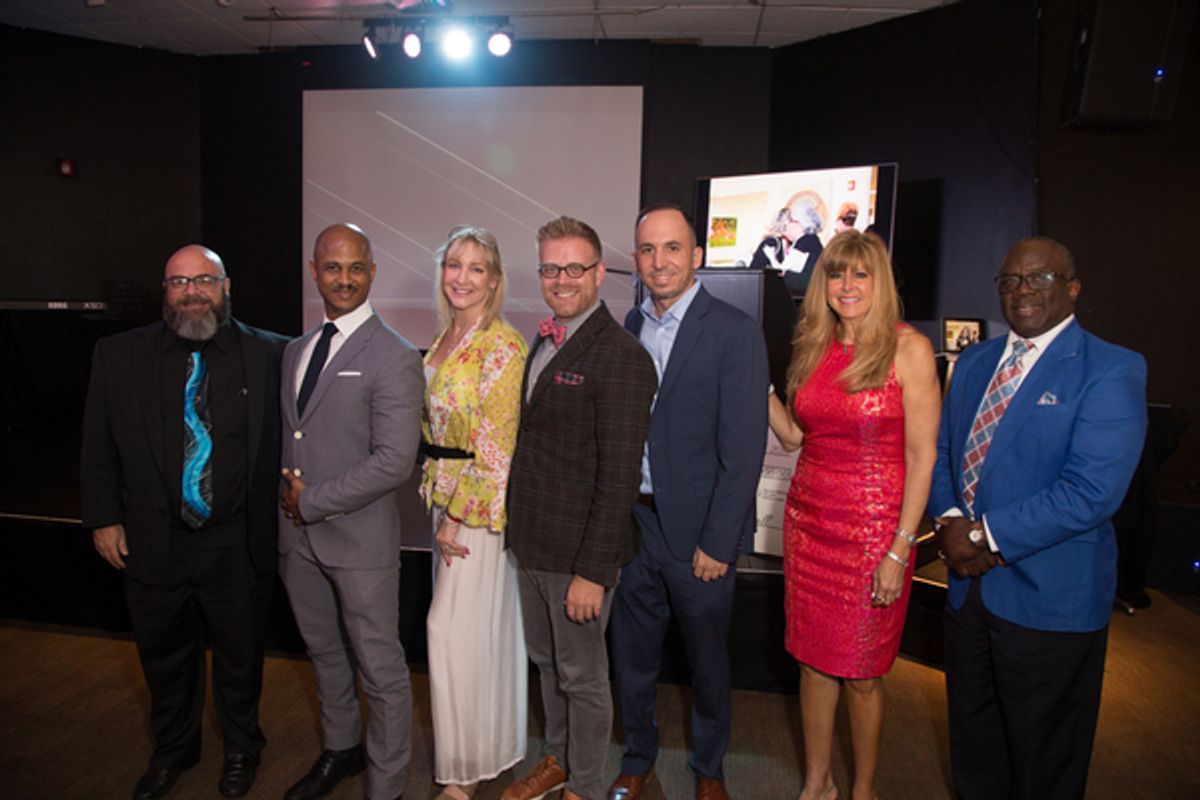 Broward County Arts & Culture Visionary award recipients WLRN, represented by Corporate Marketing Representative Ross Cooper, Art Fort Lauderdale and Choose954 co-founder Andrew Martineau, Broward Cultural Council Chair Jodi Jeffreys-Tanner of Las Olas Capital Arts, Broward Cultural Division Director Phillip Dunlap, Art Fort Lauderdale and Choose954 co-founder Evan Snow, Broward Cultural Council Vice Chair Darran Blake of UBS Financial Services, Inc. and renowned South Florida artist George Gadson at 