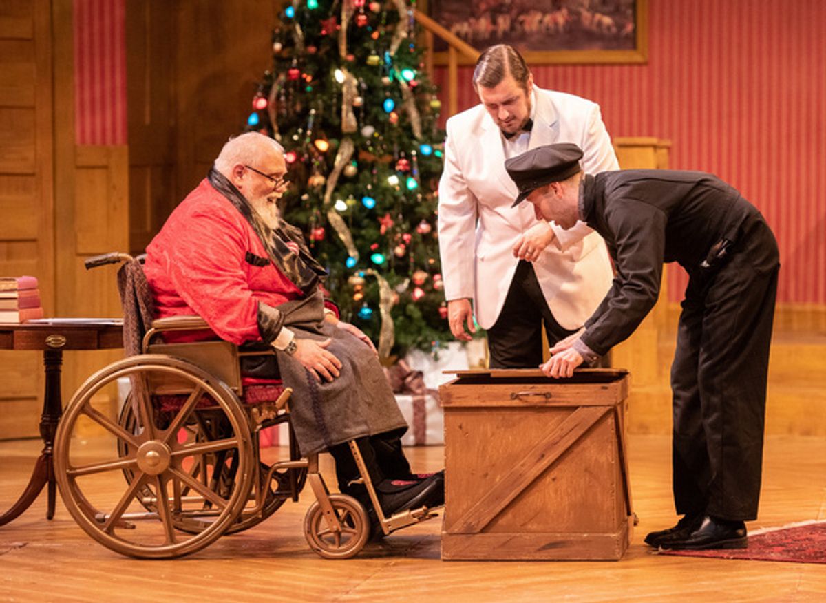 Edward Fernandez as Sheridan Whiteside, Preston Schreffler as John, and Rogan Motter as Delivery Man. at 