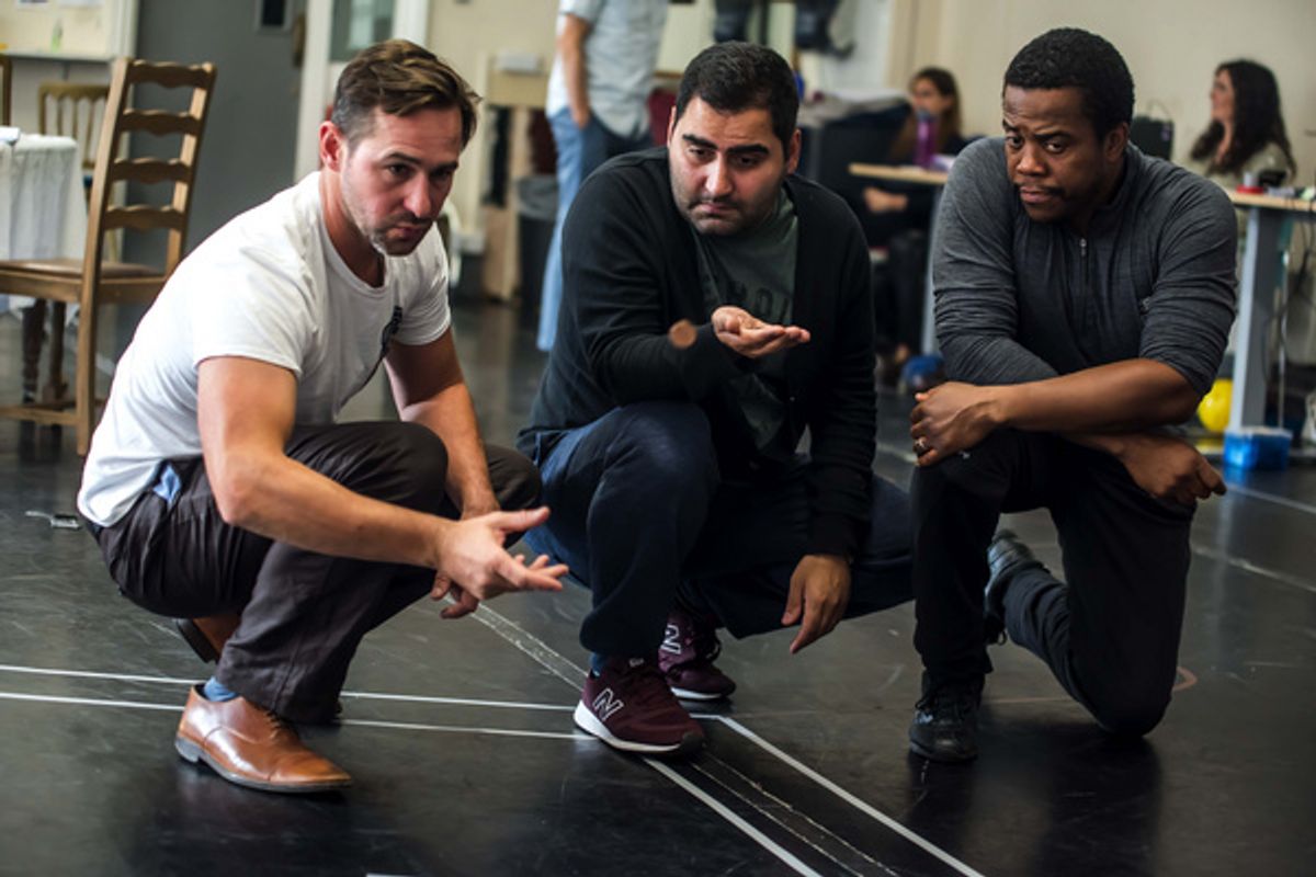 Andrew Squires, Mete Dursen & Daniel Poyser in rehearsal for A View from the Bridge at York Theatre Royal.  Photo: Chris Payne at 