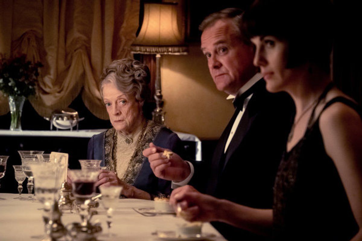 Dame Maggie Smith as Violet Crawley, The Dowager Countess of Grantham; Hugh Bonneville as Robert Crawley, Michelle Dockery as Lady Mary Talbot  at 