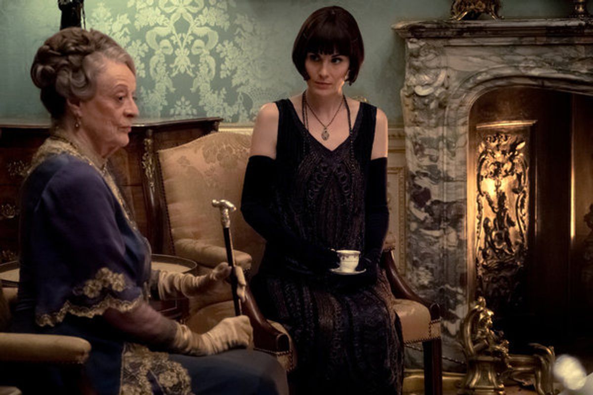 Dame Maggie Smith as Violet Crawley, The Dowager Countess of Grantham; Michelle Dockery as Lady Mary Talbot  at 
