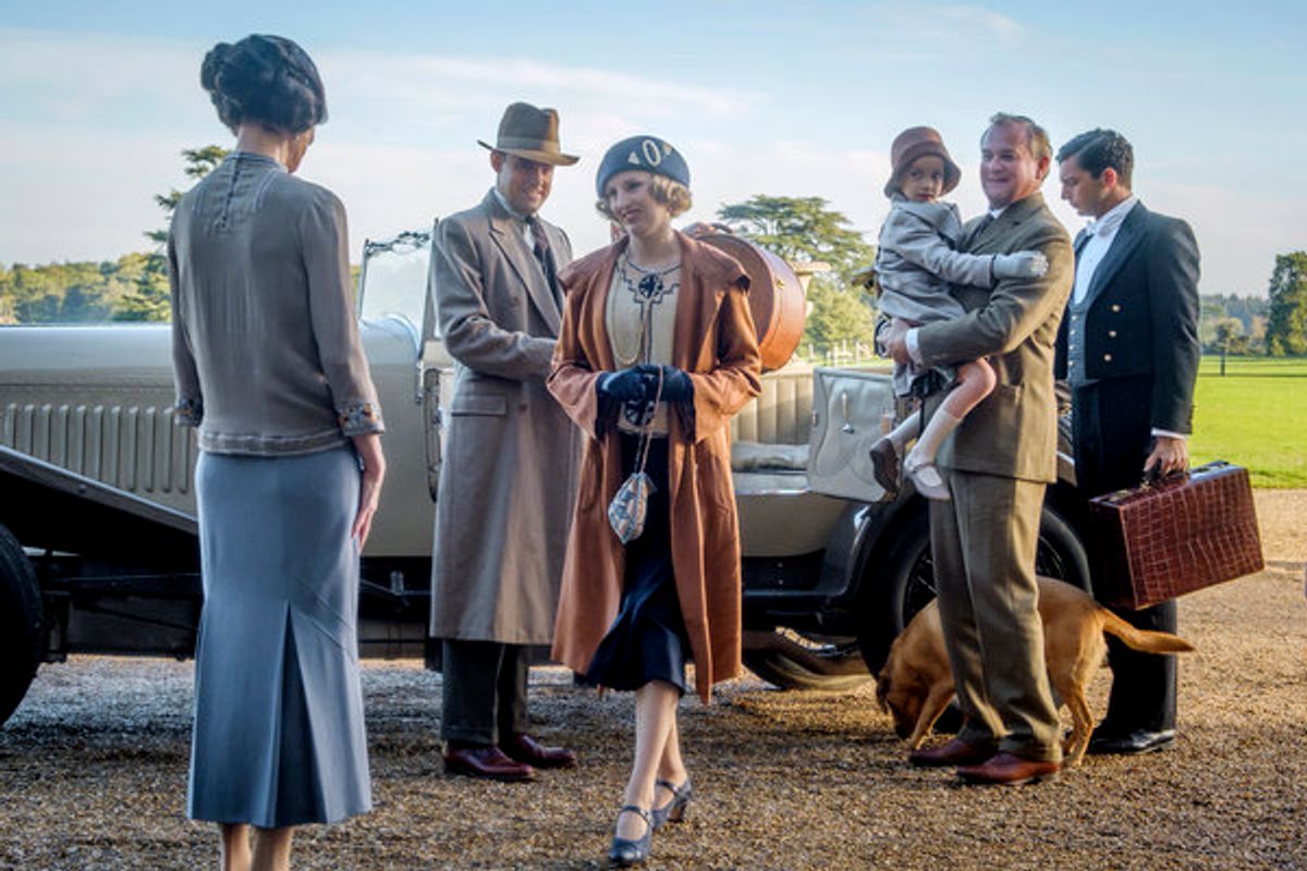 Elizabeth McGovern as Cora Crawley, Harry Haddon-Paton as Bertie Pelham, Laura Carmichael as Edith Crawley, Hugh Bonneville as Robert Crawley, Michael Fox as Andy at 