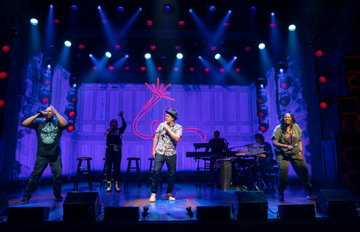 James Monroe Iglehart, Kaila Mullady, Anthony Veneziale, Ian Weinberger (on keyboard back), Arthur Lewis (on keyboard front), and Aneesa Folds  at 