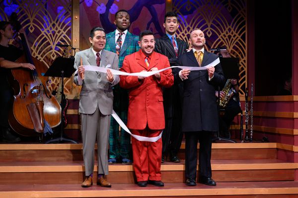 Jaron Vesely (center) as Ko-Ko with the Gentlemen of Japan (L to R: Vinh Nguyen, Jon- Photo