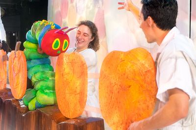 (from left) Lara Carling (left) and Micah Figueroa with â€œThe Very Hungry Caterp Photo