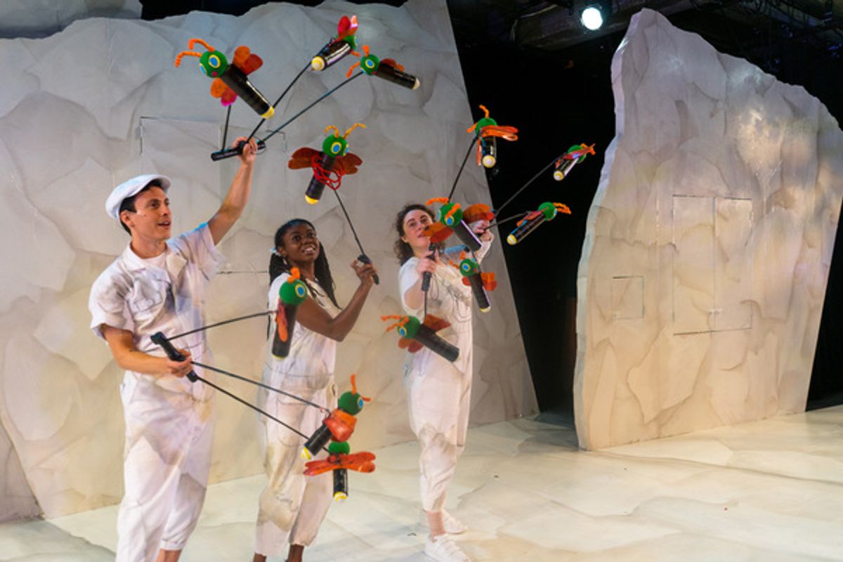 (from left) Micah Figueroa, Leslie Ann Sheppard and Lara Carling wield a swarm of fireflies in â€"The Very Lonely Firefly,â€ one of four Eric Carle stories included in The Very Hungry Caterpillar Show, Chicago Childrenâ€™s Theatreâ€™s 2019-20 season opener. Tickets and information: chicagochildrenstheatre.org or (312) 374-8835. Photo by Ari Craven at 