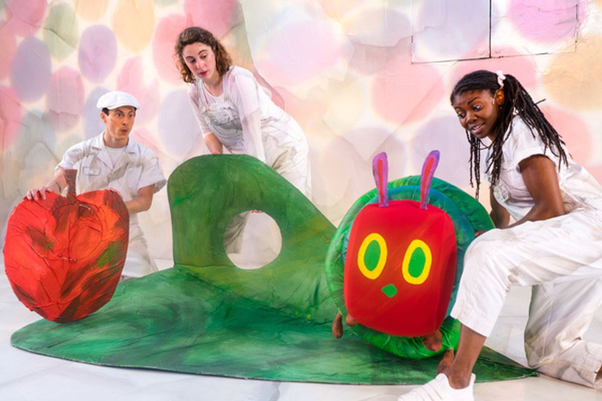 (from left) Micah Figueroa, Lara Carling and Leslie Ann Sheppard with â€"The Very Hungry Caterpillar,â€ one of four Eric Carle stories included in The Very Hungry Caterpillar Show, Chicago Childrenâ€™s Theatreâ€™s 2019-20 season opener. Tickets and information: chicagochildrenstheatre.org or (312) 374-8835. Photo by Ari Craven at 