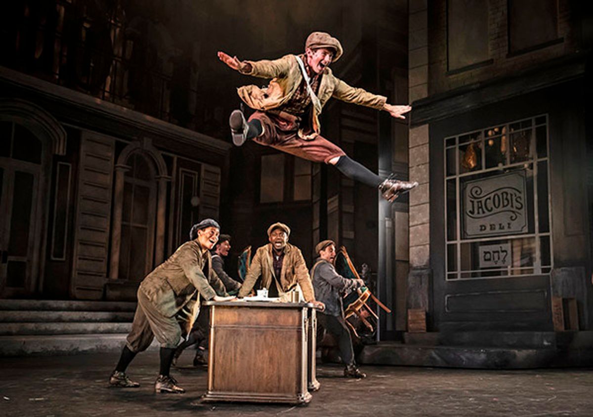 High flying Evan C. Dolan is one of the fleet-footed newsboys in Disneyâ€™s Newsies, playing September 4-October 20, 2019 at Paramount Theatre, 23 E. Galena Blvd. in Aurora, Illinois. Jim Corti directs the popular family musical based on the 1992 Disney movie inspired by the real-life Newsboys Strike of 1899 in New York City. Tickets: paramountaurora.com or (630) 896-6666. Photo by Liz Lauren at 