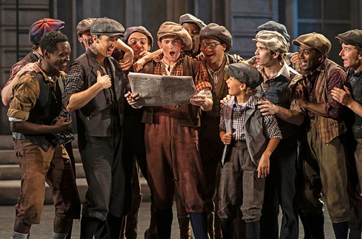 Striking newsboys become above-the-fold sensations in Disneyâ€™s Newsies, September 4-October 20, 2019 at Paramount Theatre, 23 E. Galena Blvd. in Aurora, Illinois. Jim Corti directs the fleet-footed family musical based on the 1992 Disney movie inspired by the real-life Newsboys Strike of 1899 in New York City. Tickets: paramountaurora.com or (630) 896-6666. Photo by Liz Lauren at 
