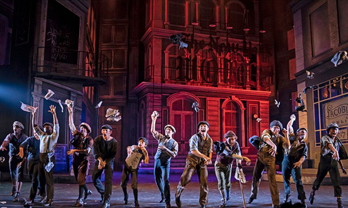 Newsboys go on strike to show a greedy publishing tycoon theyâ€™re not going to be pushed into the gutter in Disneyâ€™s Newsies, September 4-October 20, 2019 at Paramount Theatre, 23 E. Galena Blvd. in Aurora, Illinois. Jim Corti directs the fleet-footed family musical based on the 1992 Disney movie inspired by the real-life Newsboys Strike of 1899 in New York City. Tickets: paramountaurora.com or (630) 896-6666. Photo by Liz Lauren at 