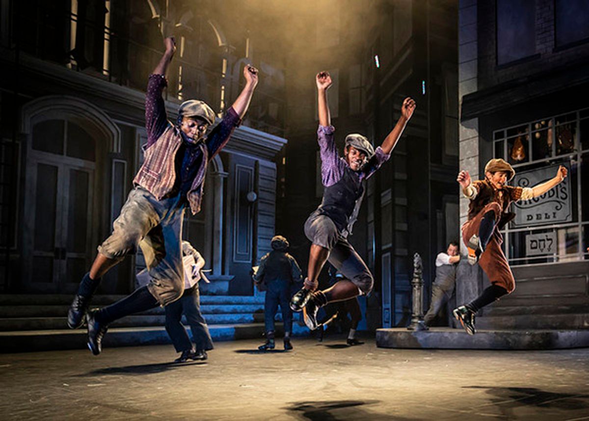 (from left) Travis Austin Wright, Jarais Musgrove and Evan C. Dolan play fleet-footed newsboys in Disneyâ€™s Newsies, September 4-October 20, 2019 at Paramount Theatre, 23 E. Galena Blvd. in Aurora, Illinois. Jim Corti directs the popular family musical based on the 1992 Disney movie inspired by the real-life Newsboys Strike of 1899 in New York City. Tickets: paramountaurora.com or (630) 896-6666. Photo by Liz Lauren at 