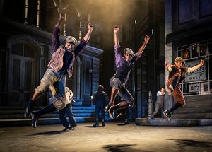 (from left) Travis Austin Wright, Jarais Musgrove and Evan C. Dolan play fleet-footed newsboys in Disney’s Newsies, September 4-October 20, 2019 at Paramount Theatre, 23 E. Galena Blvd. in Aurora, Illinois. Jim Corti directs the popular family musical based on the 1992 Disney movie inspired by the real-life Newsboys Strike of 1899 in New York City. Tickets: paramountaurora.com or (630) 896-6666. Photo by Liz Lauren @ BroadwayWorld (from left) Travis Austin Wright, Jarais Musgrove and Evan C. Dolan play fleet-footed Photo