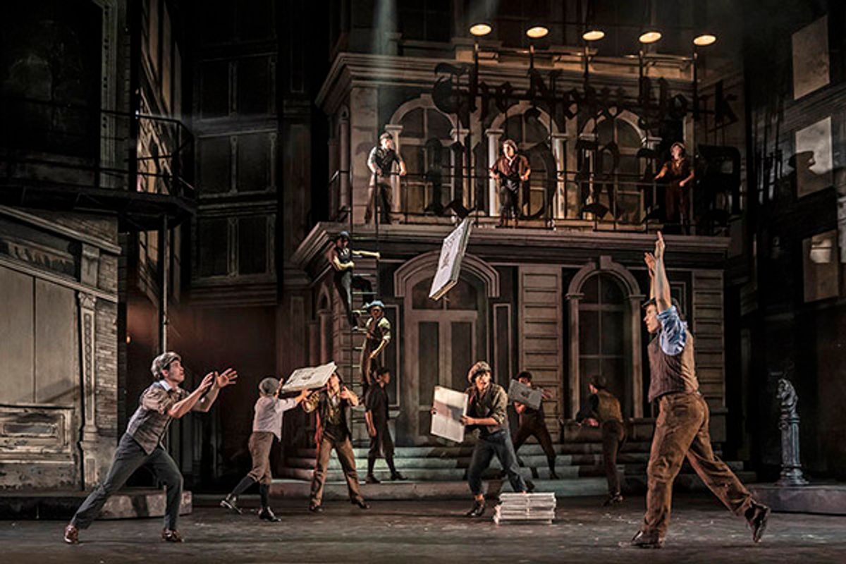Newsboys go on strike to show a greedy publishing tycoon theyâ€™re not going to be tossed into the gutter in Disneyâ€™s Newsies, September 4-October 20, 2019 at Paramount Theatre, 23 E. Galena Blvd. in Aurora, Illinois. Jim Corti directs the fleet-footed family musical based on the 1992 Disney movie inspired by the real-life Newsboys Strike of 1899 in New York City. Tickets: paramountaurora.com or (630) 896-6666. Photo by Liz Lauren at 