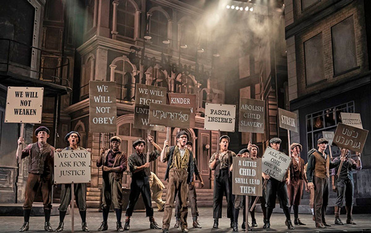 Newsboys go on strike to show a greedy publishing tycoon theyâ€™re not going to be pushed into the gutter in Disneyâ€™s Newsies, playing September 4-October 20, 2019 at Paramount Theatre, 23 E. Galena Blvd. in Aurora, Illinois. Jim Corti directs the hit family musical based on the 1992 Disney movie inspired by the real-life Newsboys Strike of 1899 in New York City. Tickets: paramountaurora.com or (630) 896-6666. Photo by Liz Lauren at 