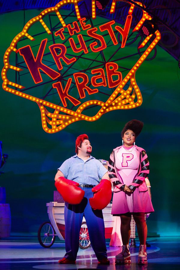 Zach Kononov as Eugene Krabs and MÃ©ami Maszewski as Pearl Krabs in The SpongeBob M Photo